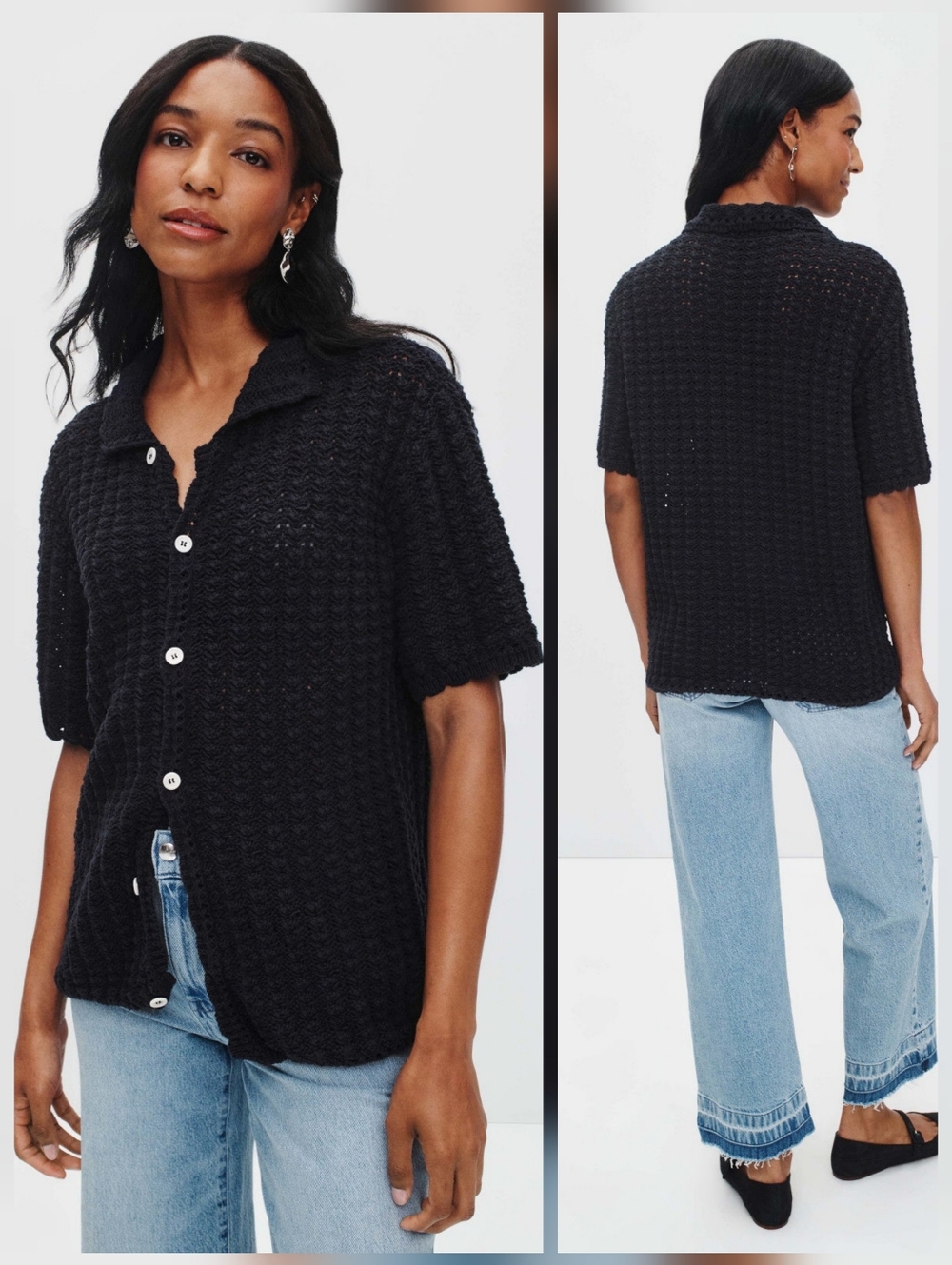 DUNST Crochet Collared Cardigan Crew Neck Short Sleeve Size M